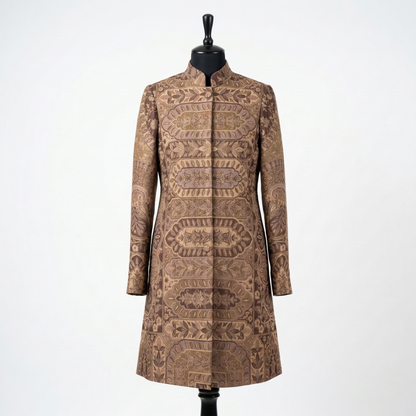 Brocade Mandarin Collar Mid-Length Tunic Coat