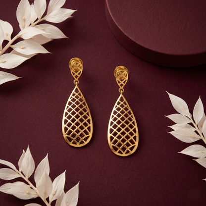 Lattice Teardrop Gold Plated Silver Earrings