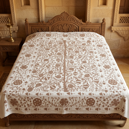 Heritage Embroidered Ivory Floral Cotton Bedcover