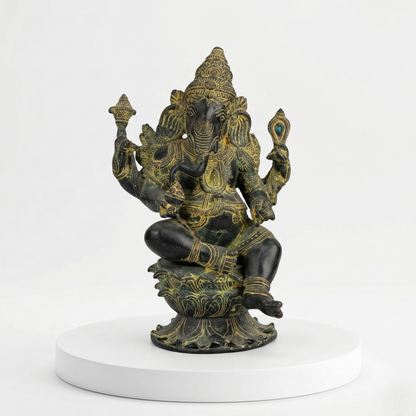 Ornate Antique Finish Brass Sitting Ganesha