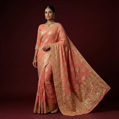Peach Bandhani Saree with Gold Zari