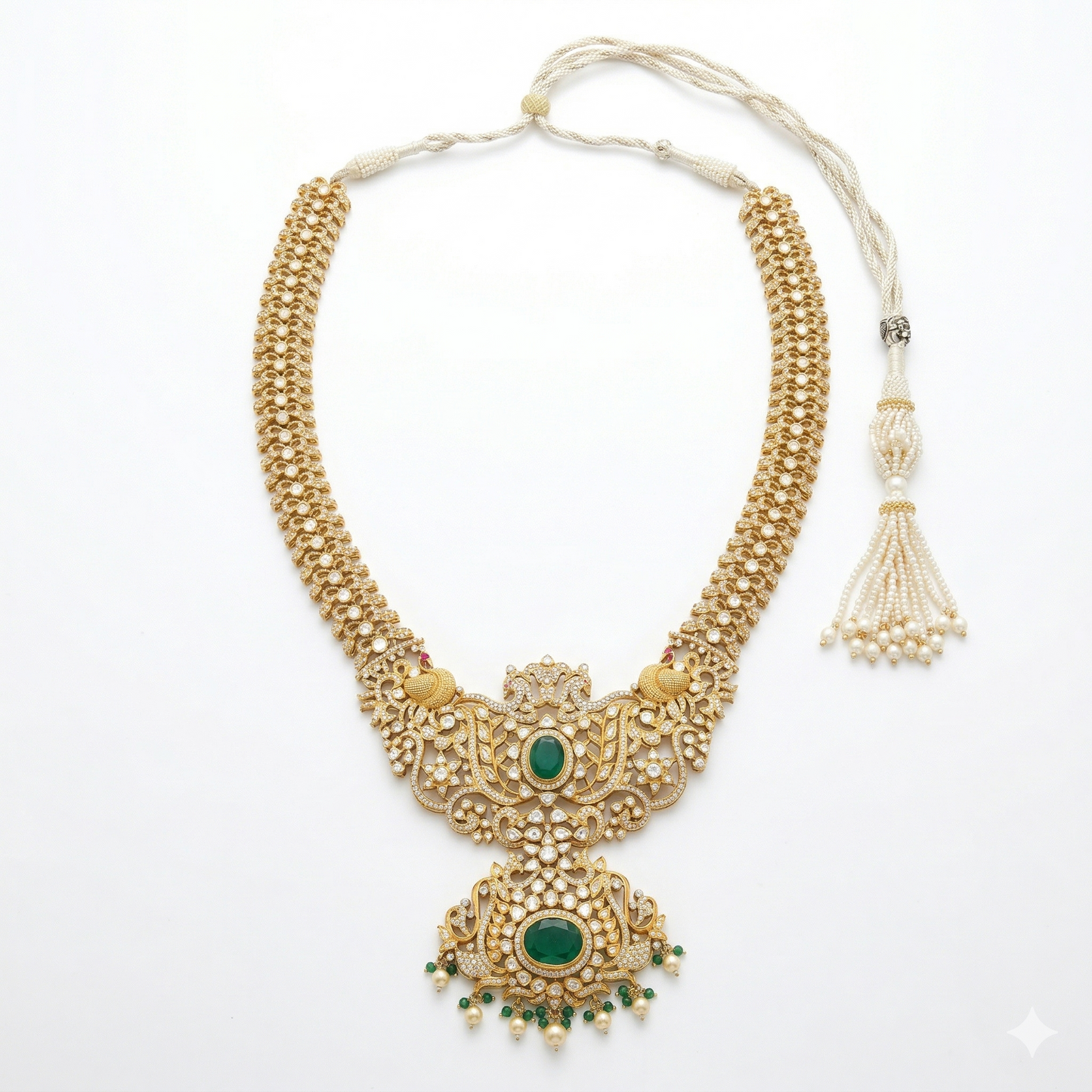 Emerald Heritage Peacock Silver Haram Necklace