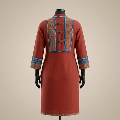 Earthy Maroon Ajrakh Print Ethnic Kurti