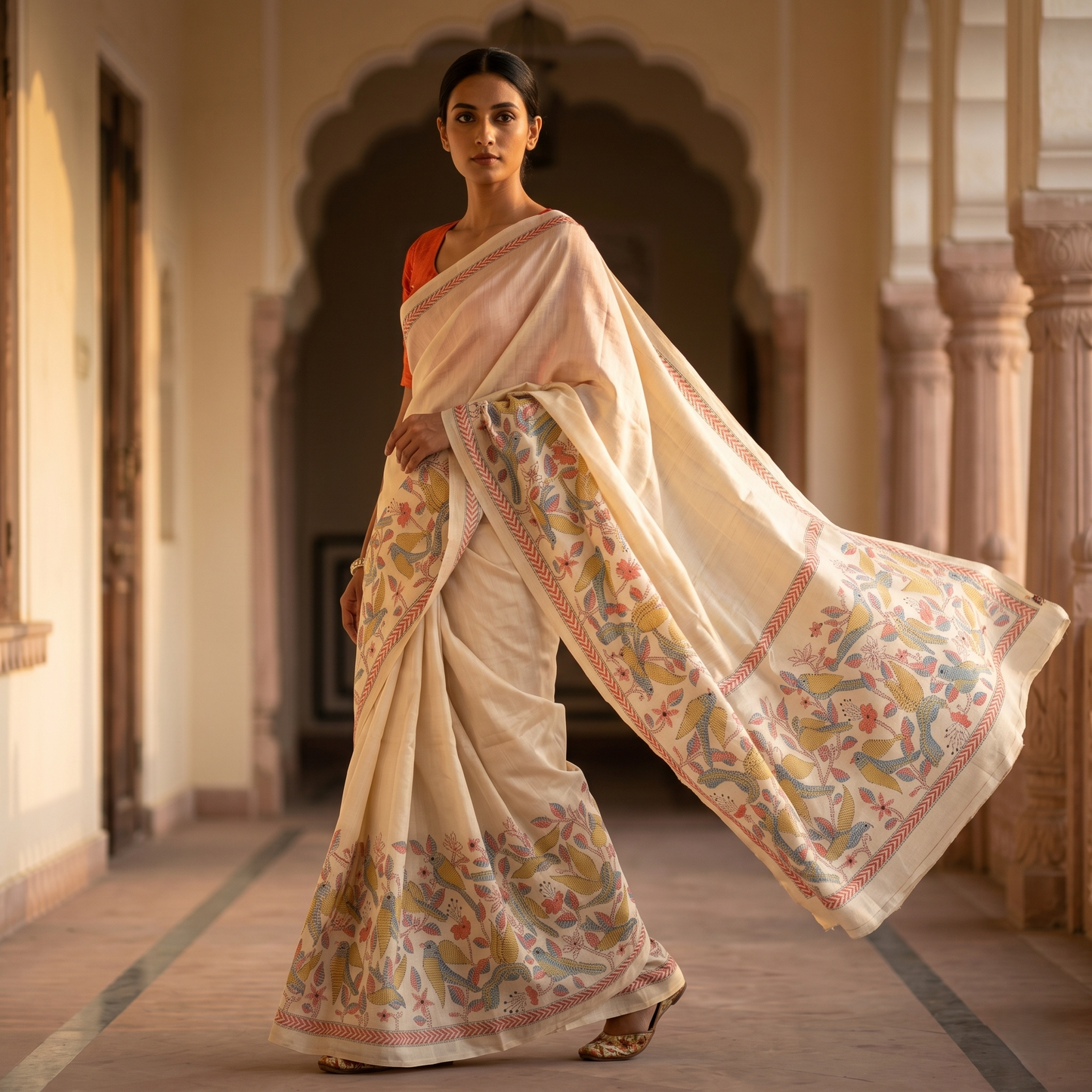 Elegant Off-White Madhubani Art Saree