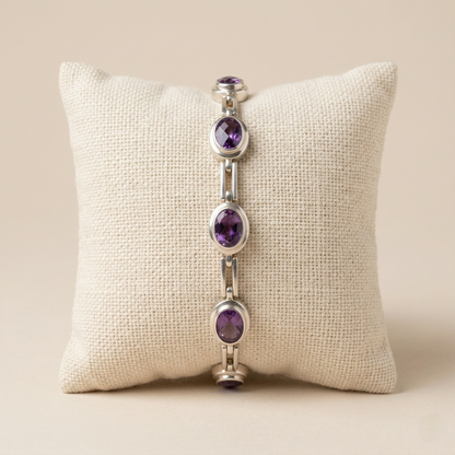 Elegant 92.5 Silver Amethyst Link Bracelet