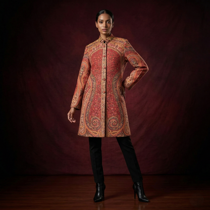Royal Crimson Paisley Woolen Long Coat