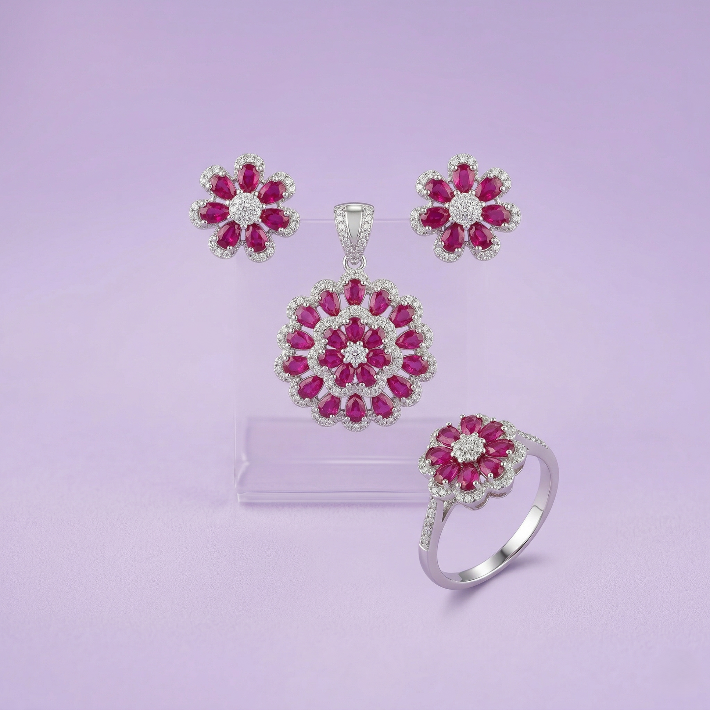 Sparkling Ruby Floral Silver Pendant Set