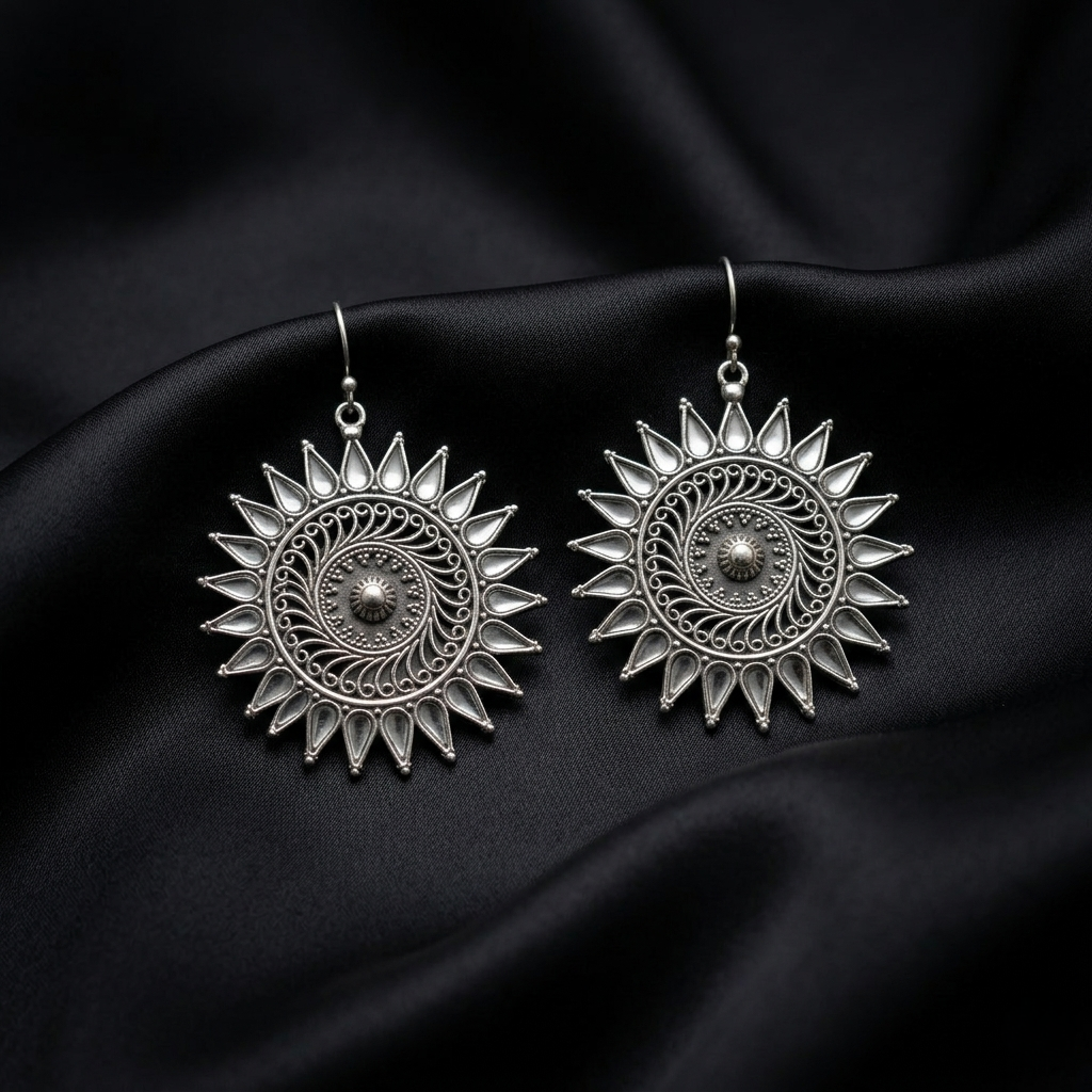 Celestial Sunburst Oxidized Silver Drop Earrings