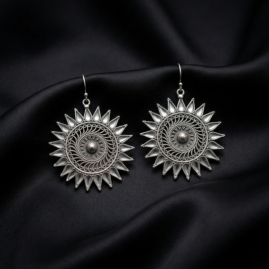 Celestial Sunburst Oxidized Silver Drop Earrings