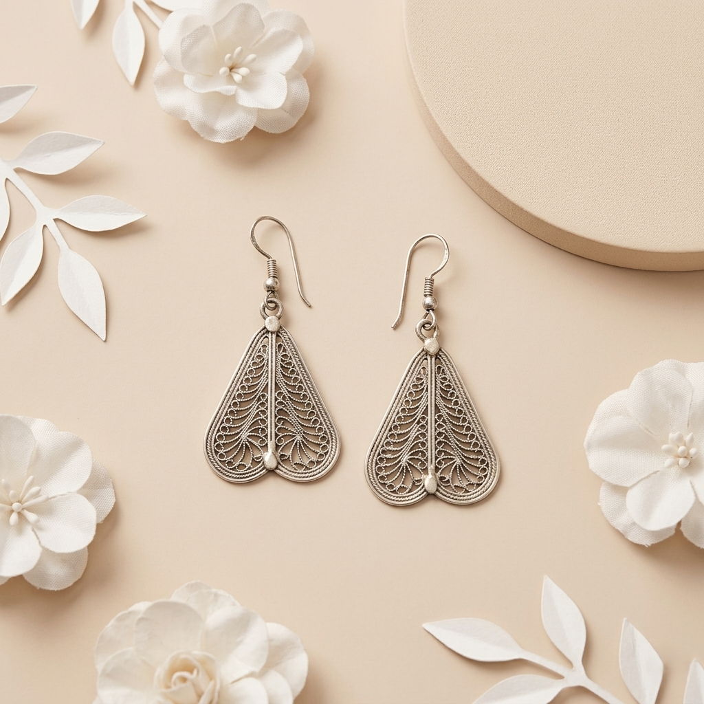 Ornate Silver Filigree Leaf Drop Earrings