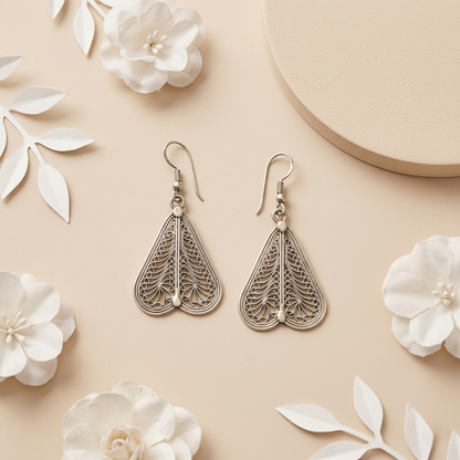 Ornate Silver Filigree Leaf Drop Earrings