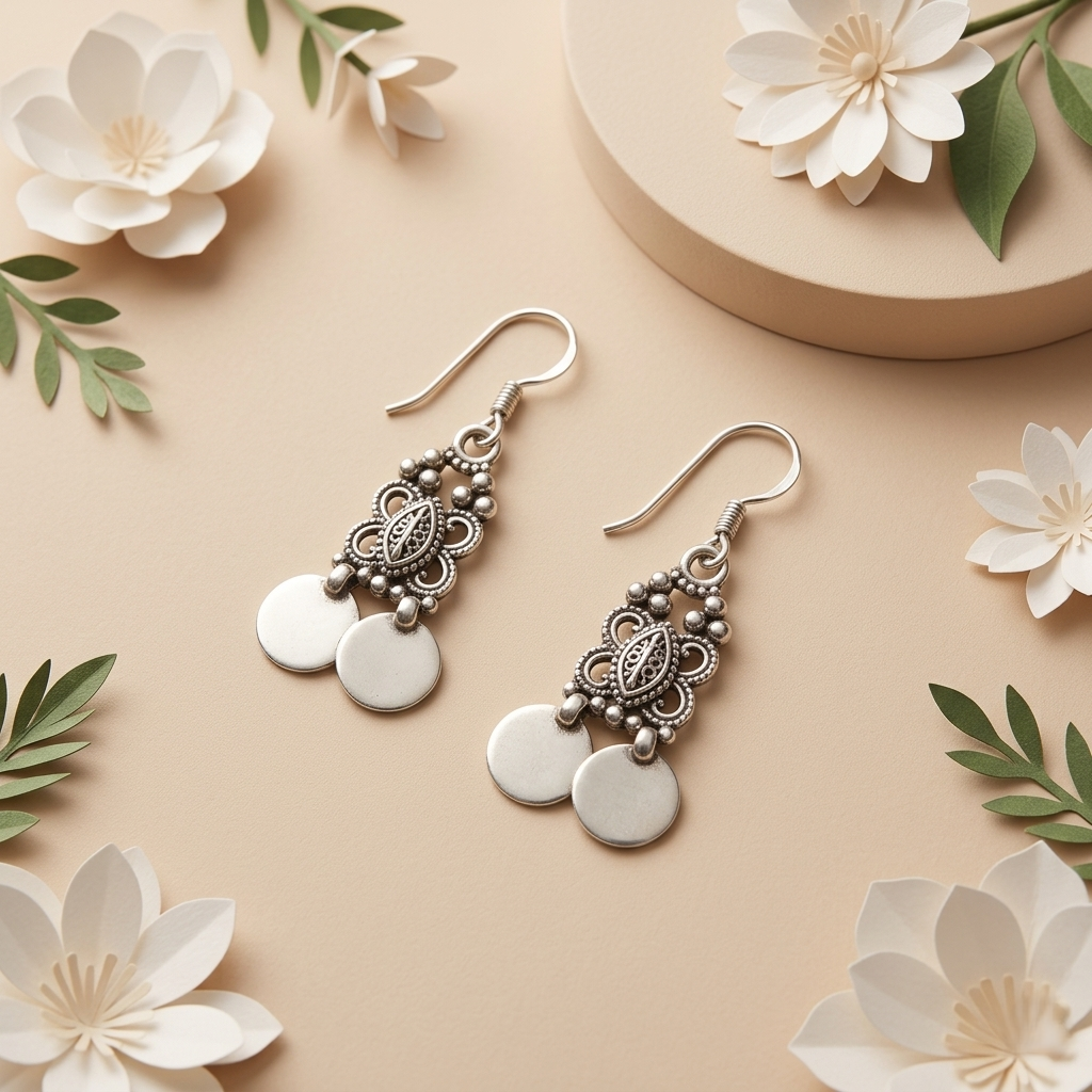 Boho-Chic Leaf & Coin Silver Drops