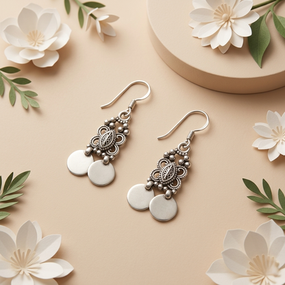 Boho-Chic Leaf & Coin Silver Drops