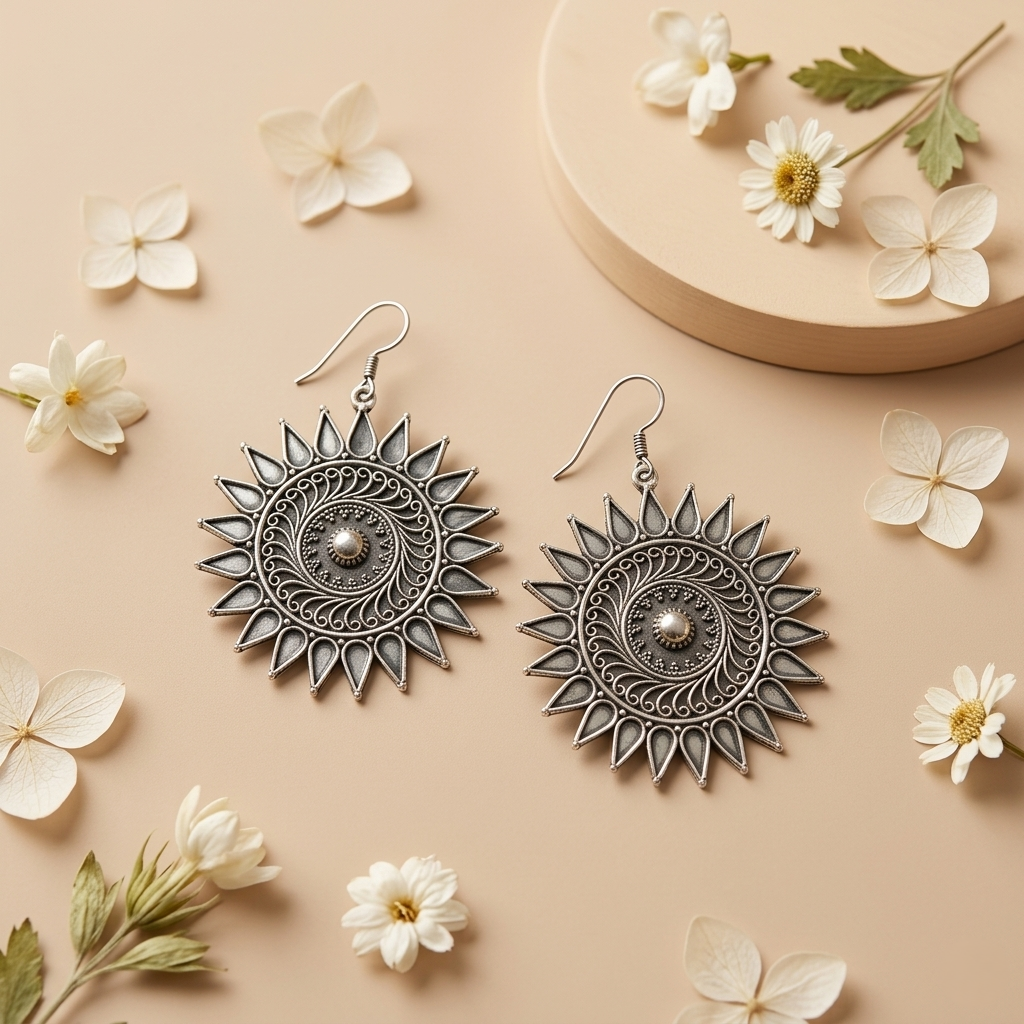 Celestial Sunburst Oxidized Silver Drop Earrings