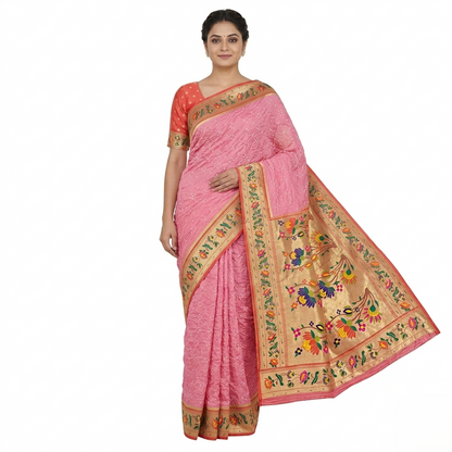 Regal Pink Bandhani Silk Heritage Saree