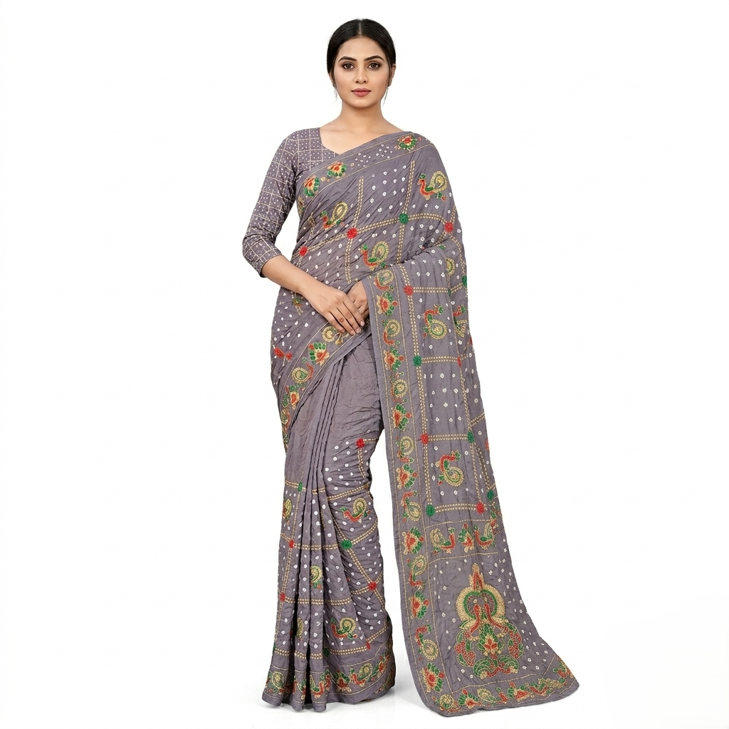 Slate Silk Saree with Gharchola Embroidery