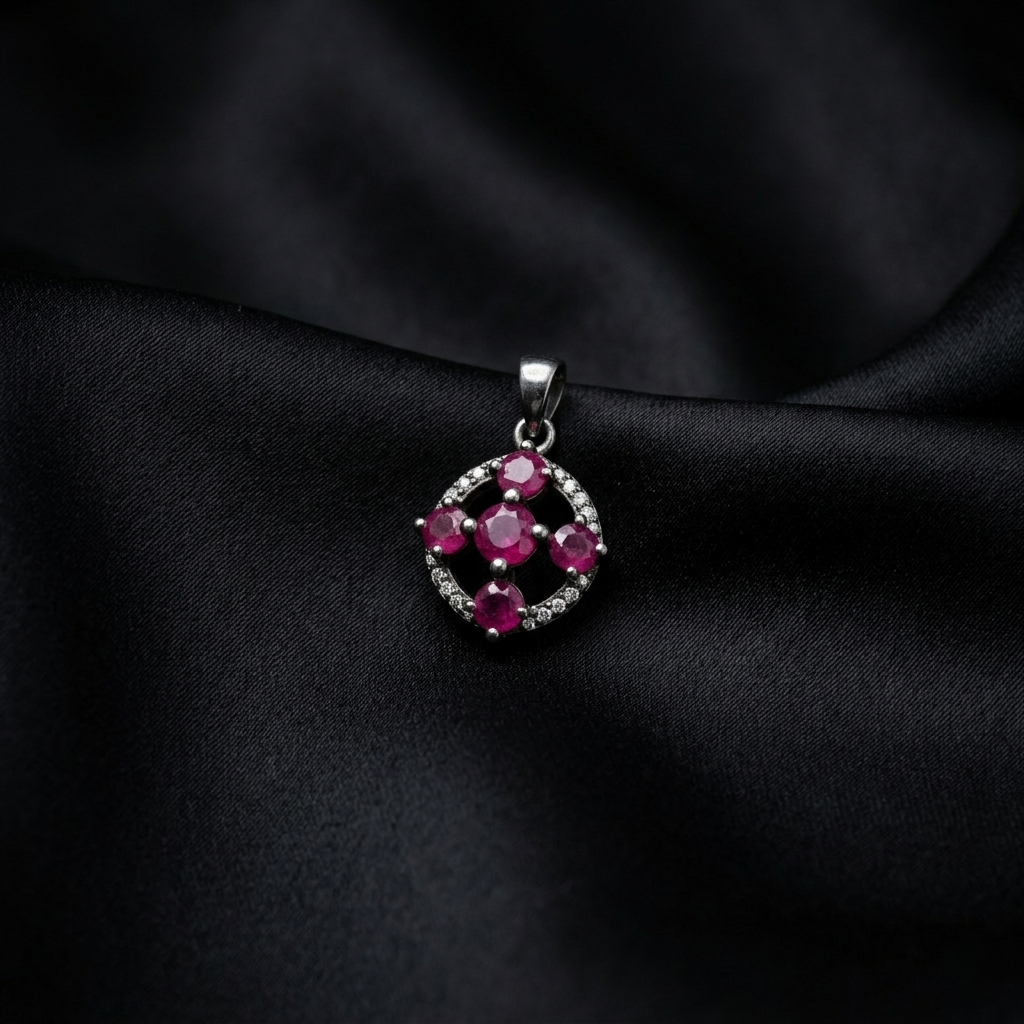 Elegant Circular Ruby Silver Cross Pendant
