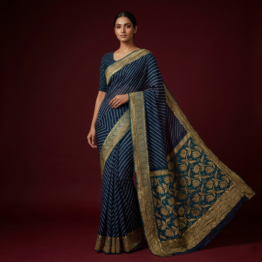 Navy Leheriya Saree With Zari Border