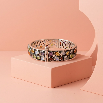 Multi-Gemstone Filigree Silver Kada Bracelet