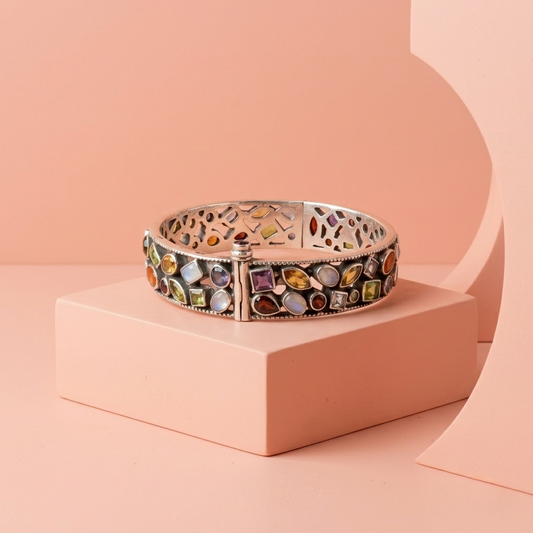 Multi-Gemstone Filigree Silver Kada Bracelet