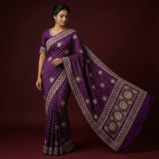 Royal Deep Purple Bandhani Silk Saree