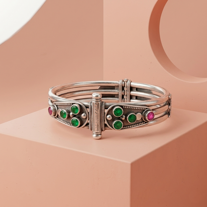 Vintage Tribal Emerald & Ruby Silver Kada
