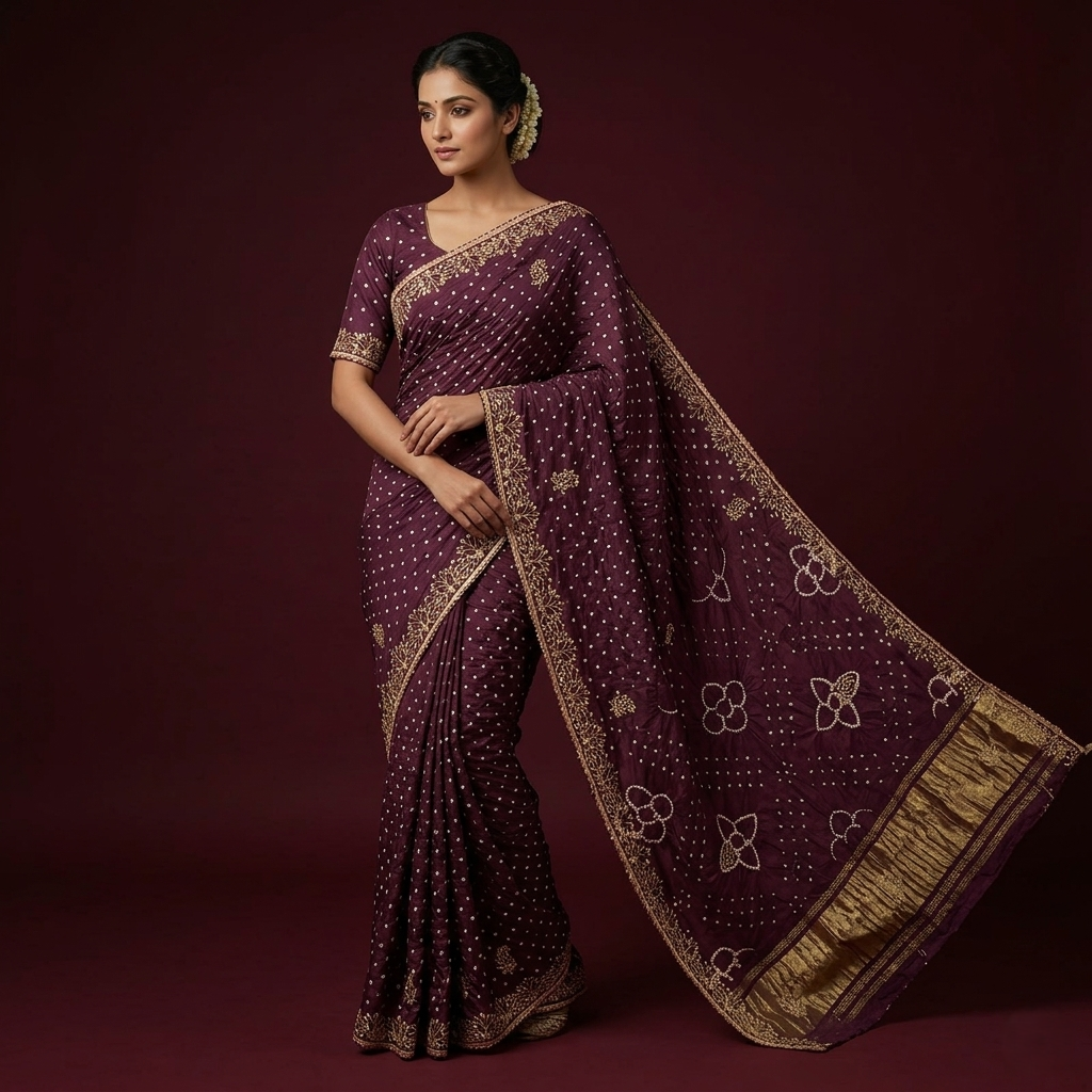 Royal Maroon Bandhani Silk Zari Saree