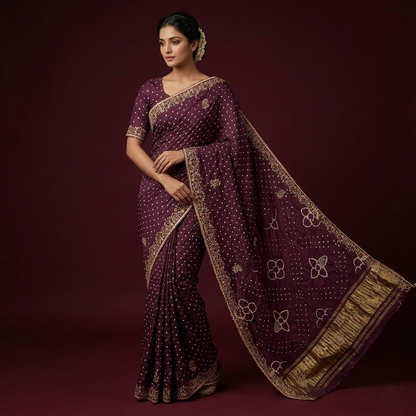 Royal Maroon Bandhani Silk Zari Saree