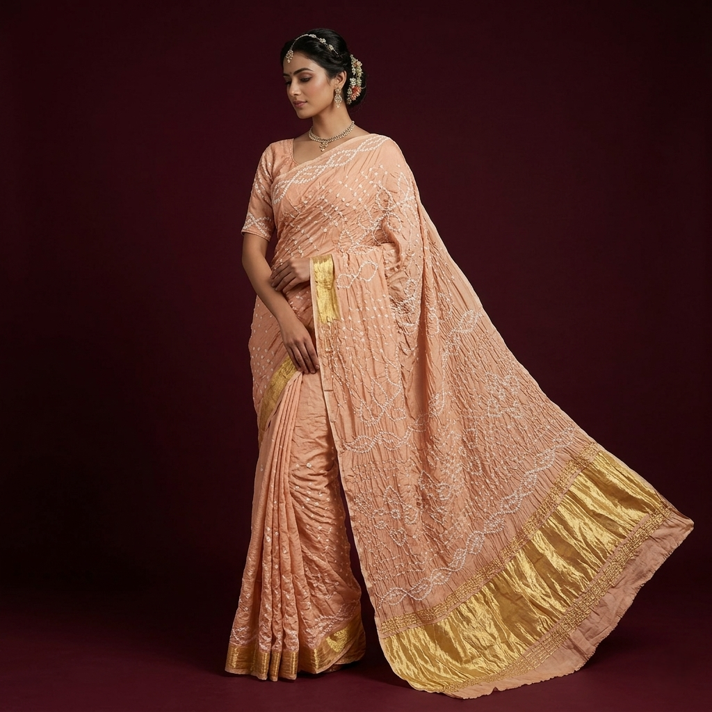 Peach Bandhani Silk Saree Gold Border