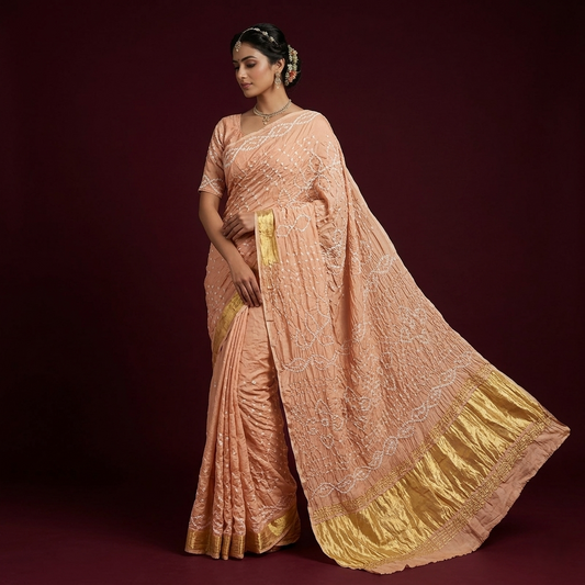 Peach Bandhani Silk Saree Gold Border