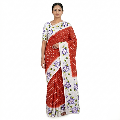 Hand-Painted Floral Bandhani Fusion Silk Saree