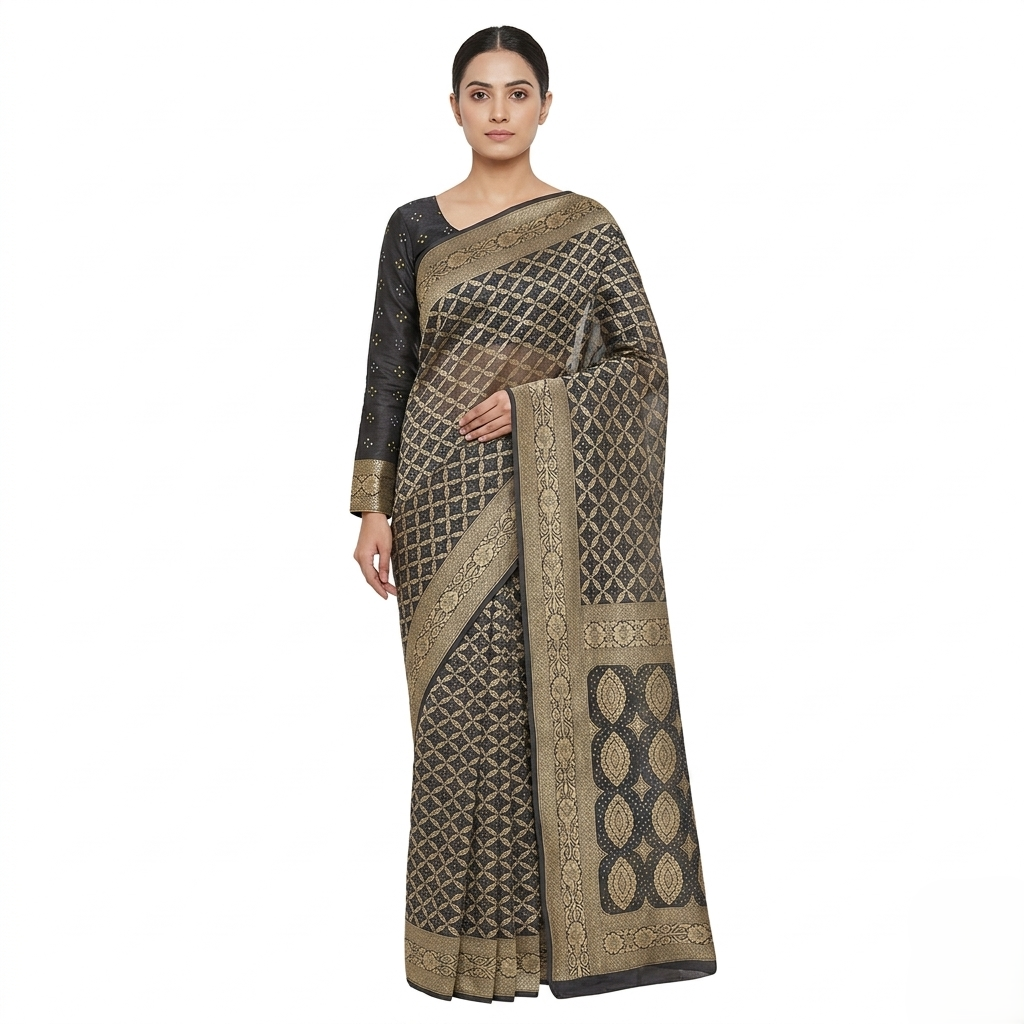 Elegant Charcoal Banarasi Silk Brocade Saree