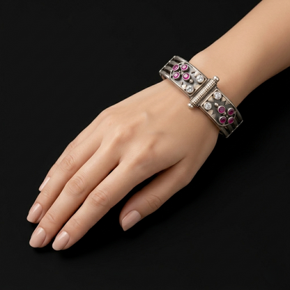 Vintage Oxidized Silver Ruby Floral Kada