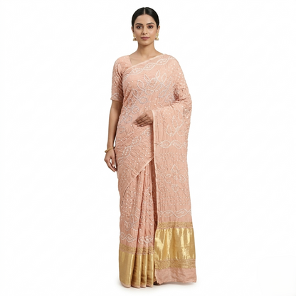 Peach Bandhani Silk Saree Gold Border