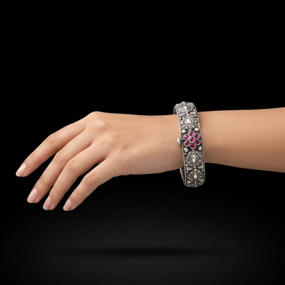 Antique Floral Silver Kada Bracelet