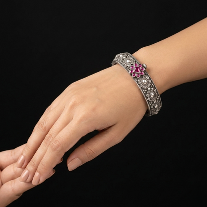 Vintage Floral Ruby 92.5 Silver Kada