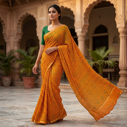 Vibrant Mustard Bandhani Silk Heritage Saree
