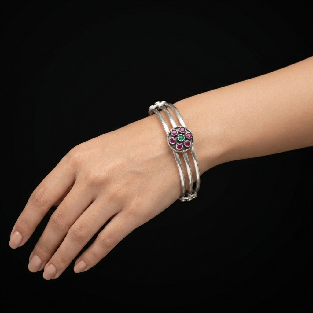 Handcrafted Triple-Band Ruby Silver Kada