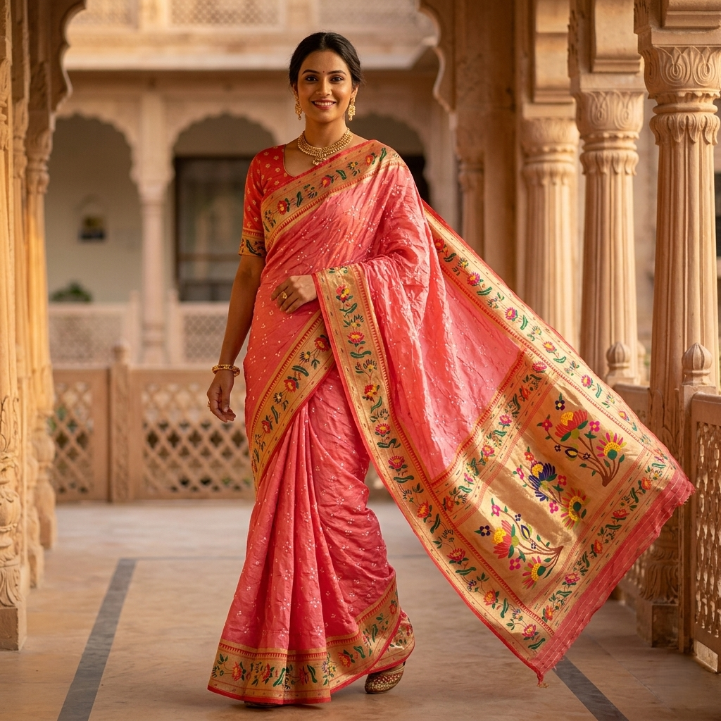 Regal Pink Bandhani Silk Heritage Saree