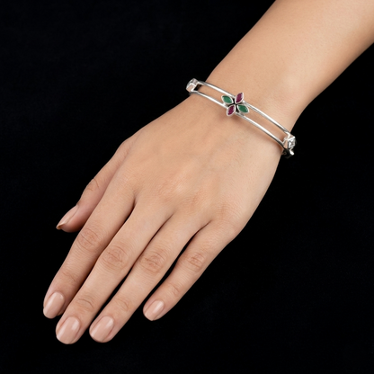 Dual-Band Silver Kada with Floral Accents