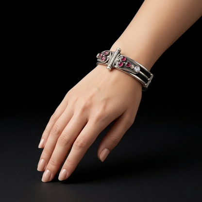 Oxidized Silver Ruby Studded Kada Bracelet