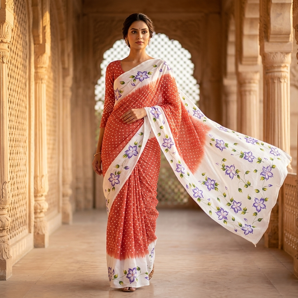 Hand-Painted Floral Bandhani Fusion Silk Saree