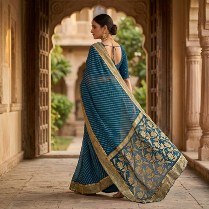 Navy Leheriya Saree With Zari Border