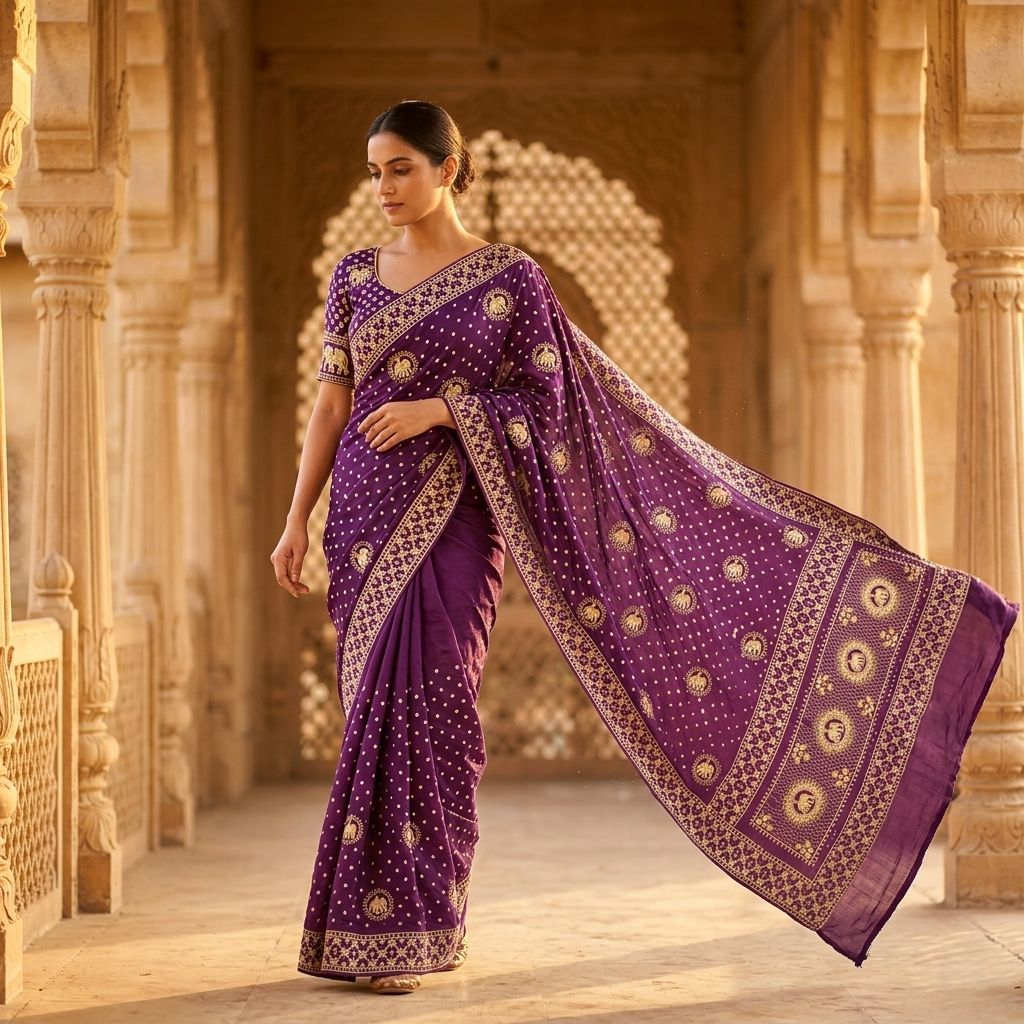 Royal Deep Purple Bandhani Silk Saree