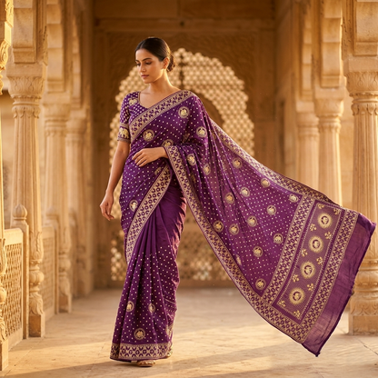 Royal Deep Purple Bandhani Silk Saree