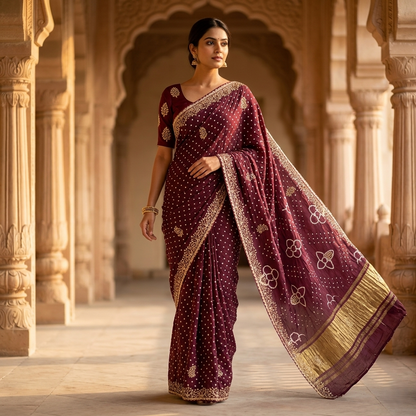 Royal Maroon Bandhani Silk Zari Saree