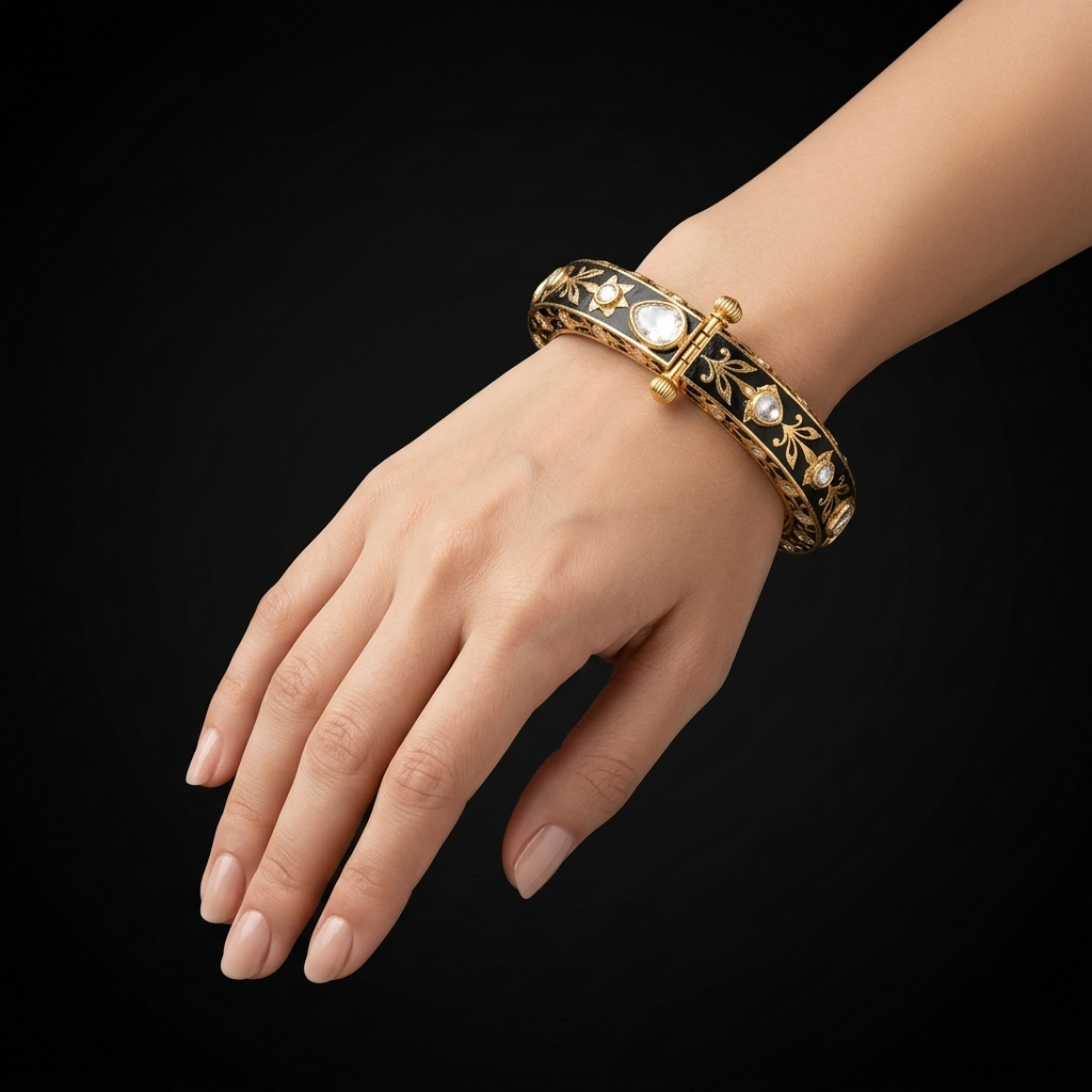 Handcrafted Floral Black Enamel Silver Kada