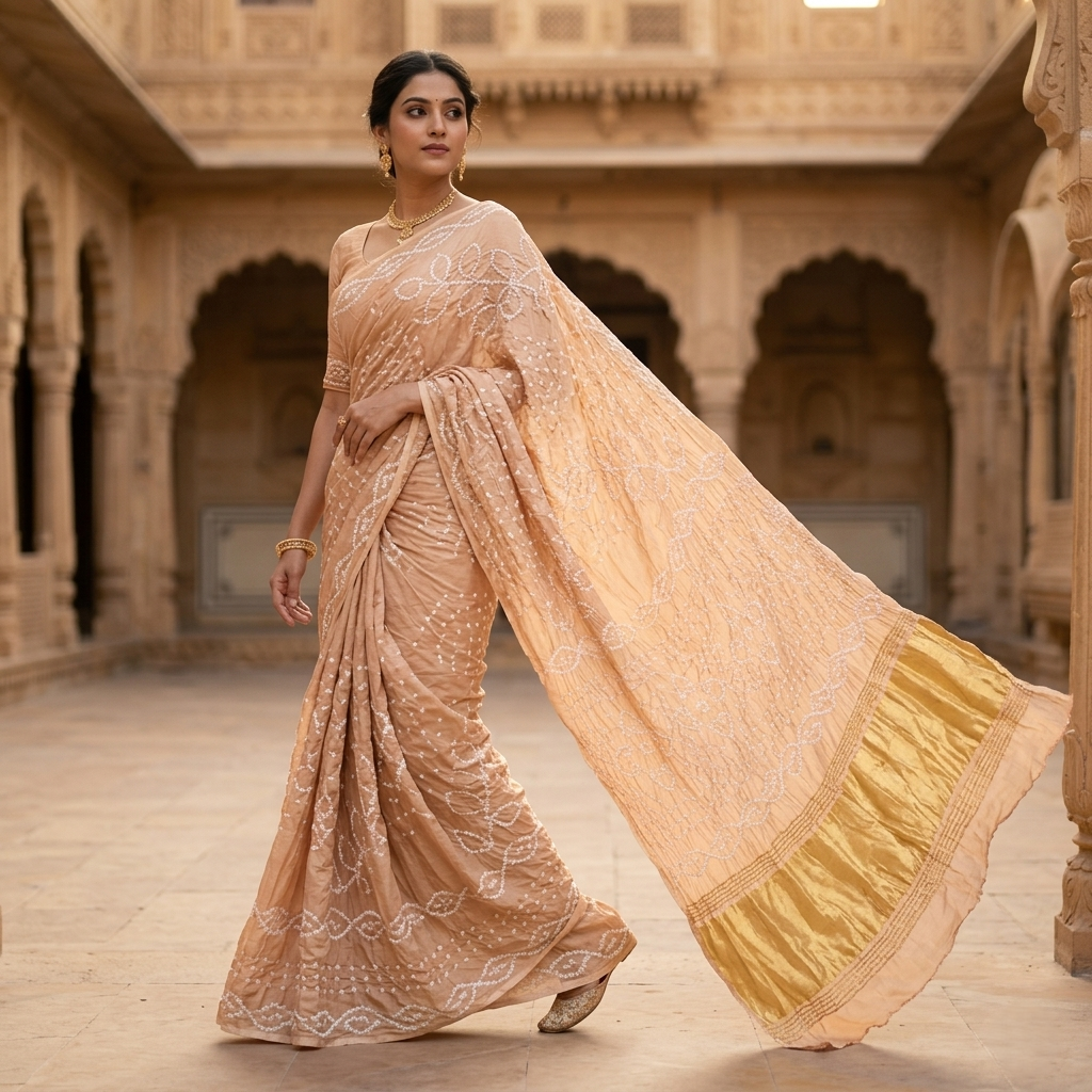 Peach Bandhani Silk Saree Gold Border