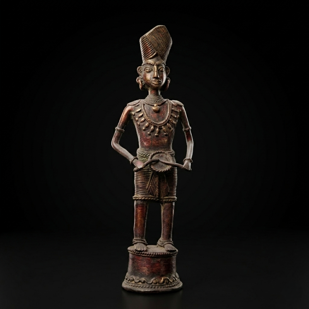 Handcrafted Brass Tribal Musician Heritage Statue