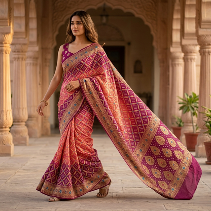 Dual-Tone Bandhani Silk Traditional Designer Saree